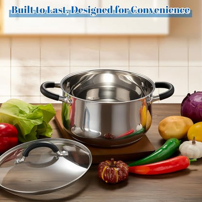 E-far Stainless Steel Stock Pot, 8 Quart Large Cooking Pot with Glass Lid for Boiling Pasta Soup Sauce, Tri-Ply Induction Thick Base for All Stoves, Cool-Touch Handles & Dishwasher Safe