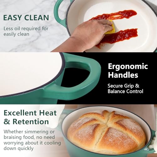 P&P CHEF Oval Dutch Oven with Lid, Enameled Cast Dutch Oven Pot for Bread Baking, Braising, Stewing, Roasting, Non-Stick & Oven Safe, Dual Handles & Easy Clean, 7QT & Dark Green, Valentine's Day
