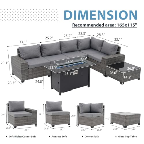 JOIVI 7 PCS PE Wicker Patio Furniture Set with 45" Fire Pit Table, Gray