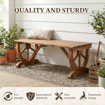 Outvita 39'' Outdoor Wooden Bench, 2-Person Rustic Wagon Wheel Bench with Slatted Seat and Carbonized Fir Wood Construction, Weather-Resistant Garden Bench for Patio, Porch and Backyard(Light Brown)