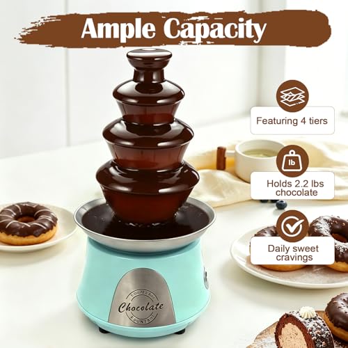 Chocolate Fountain Machine 4 Tier, 180W Chocolate Fountain with Capability 2.2lbs Commercial Hot Chocolate Fondue Tower for Nacho Cheese Liqueurs Party Wedding (Blue+Silver)