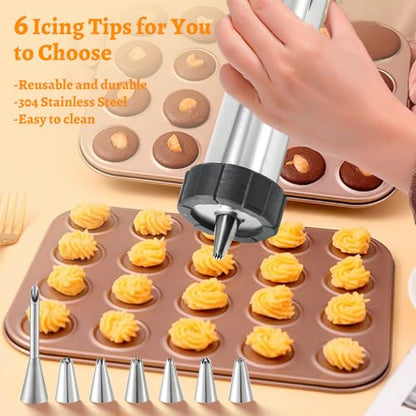 GAMKII Churro Maker Machine Stailness Steel Churrro Gun Kit with 4 Discs for Hollow Churro,5 Cookies Discs, 6 Icing Piping Nozzle, Piping Bag, 2 Clean Brushes for Cake Dessert DIY Maker Cookie Press