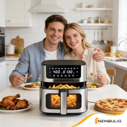 NEWBULIG Air Fryer 6.34QT Airfryer with Visible Window 400℉ Fast Heating Stainless Steel Air Fryers Oven with Nonstick and Dishwasher-Safe Basket 8-in-1 Cooking Preset with Timer Auto-Off