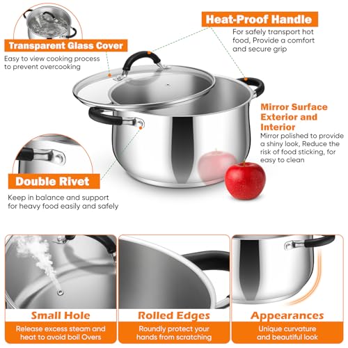 P&P CHEF Stainless Steel Stock Pot, 8 Qt Cooking Soup Pot with Visible Lid for Pasta, Tri-Ply Bottom & Dual Heatproof Handles, For Induction Gas All Stoves, Non-Toxic & Dishwasher Safe