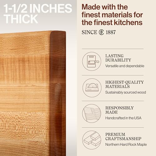John Boos R-Board Series Rectangular Wooden Maple Cutting Board 18”x12” – 1.5” Thick, 10-lb Reversible Butcher Block with Edge-Grain & Finger Grips – Made in the USA