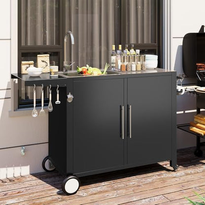 JFHID Outdoor Kitchen Sink with Hose Hook up, Stainless Steel Prep Table Kitchen Island, Rolling Pizza Oven Stand BBQ Grill Table for Garden, Backyard and Lawn