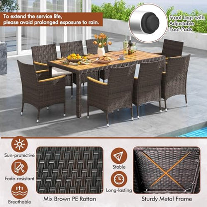 COSTWAY 9-Piece Patio Rattan Wicker Dining Set for 8 with Umbrella Hole