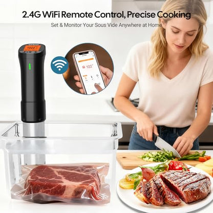 WiFi 2.4G Sous Vide Cooker, 1000W Sous Vide Machine Ultra-Quiet & 3D Fast Heating, App Control, Timer, Precise Calibration & Restaurant Chef-Level Recipes