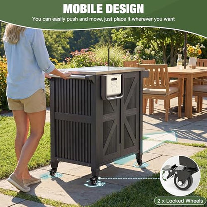 Outdoor Grill Cart with Stainless Steel Top, Outdoor Kitchen Island BBQ Prep Table, 2-Tier Storage Cabinet, Rolling Utility Station with Hanging Trash Bin, Wheels, Side Shelf for Patio, Yard, Picnic