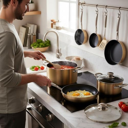 NutriChef 14-Piece Non Stick Kitchen Cookware Set w/Saucepan, Frying Pans, Cooking Pots, Dutch Oven Pot, Lids, Utensil, Gold