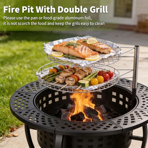 FDW 36 Inch Fire Pit with 2 Adjustable Grills,Wood Burning Fire Pits for Outside with Lid & Fire Poker, BBQ& Outdoor Firepit & Round Metal Table 3 in 1 for Patio, Picnic, Party
