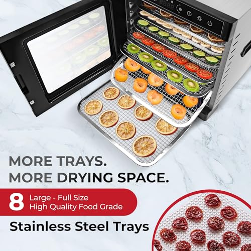 Rosewill Food Dehydrator | Powerful 400W Rear Fan Even-Drying System | 8 Full-Size Stainless Steel Trays | 95°-195° Temperature Control, 48H Timer, Keep Warm + Auto Shutoff | Jerky, Herbs, Meat