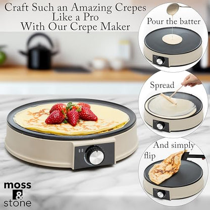 Moss & Stone 12” Electric Crepe Maker Machine, Griddle Nonstick Crepe Pan