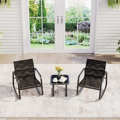 Garvee 3 Piece Outdoor Rocking Bistro Set, Textilene Fabric Small Patio Furniture Set with Iron Armrests and Coffee Table for Lawn, Porch, Balcony, Poolside