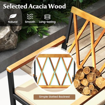 Tangkula 7 Piece Wood Outdoor Dining Set for 6, Rectangular Patio Acacia Wood Table Set with 6 Cushioned Chairs, Umbrella Hole, Heavy Duty Metal Frame for Deck Porch Backyard