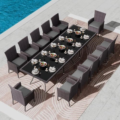 Kullavik 15 Pieces Outdoor Dining Set Patio Rattan Furniture Set,Patio Dining Table and Chairs Set with 12 Chairs and Cushions,Square Glass Tabletop with Umbrella Hole for Patio,Backyard,Grey