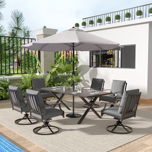 Gotland 7 Piece Outdoor Dining Set, Metal Outdoor Table and Swivel Chairs with X-Shaped Legs 1.5" Umbrella Hole, Patio Furniture Set with Waterproof Cushions, Patio Dining Sets for Backyard Deck Gray