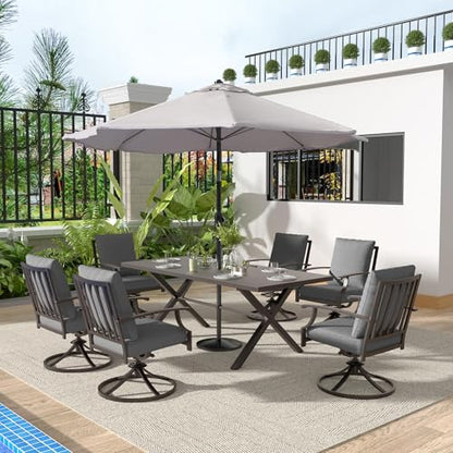 Gotland 7 Piece Outdoor Dining Set, Metal Outdoor Table and Swivel Chairs with X-Shaped Legs 1.5" Umbrella Hole, Patio Furniture Set with Waterproof Cushions, Patio Dining Sets for Backyard Deck Gray