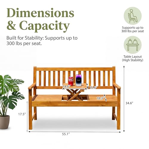 Devoko Outdoor Bench, 2-Person Garden Bench, Patio Wood Bench Outdoor Loveseat with Pull-Out Center Table for Backyard, Balcony and Patio and Garden (Log Color)
