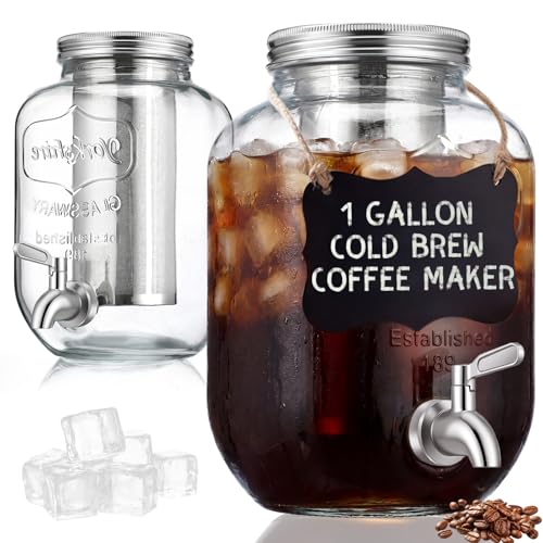 Acellegic 2 Pack 1 Gallon Cold Brew Coffee Maker Iced Coffee Maker with Stainless Steel Filter, Lid & Spigot Heavy Duty Glass Cold Brew Pitcher Drink Dispenser Thick Iced Tea Pitcher for Fridge
