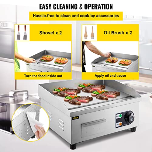 VEVOR 14" Commercial Electric Griddle,110V 1500W Electric Countertop Griddle Non-Stick Restaurant Teppanyaki flat top Grill Stainless Steel 122°F-572°F Adjustable Temperature Control(No Plug)