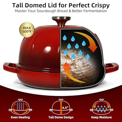 Davivy Enameled Cast Iron Sourdough Dutch Oven, 5QT Dutch Oven for Sourdough Bread, Round Cast Iron Bread Pan Bread Cloche - Cherry Red