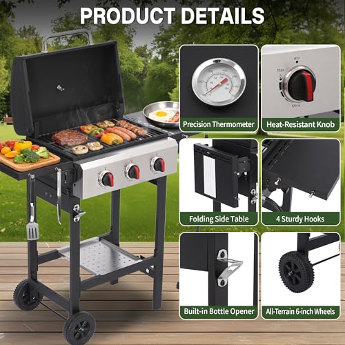 LMNOCHM Propane Grill with Folding Side Tables, 3-Burner Gas Grill with Porcelain-Enameled Cast Iron Grates and Stainless Steel Grill Pan, 30,000 BTU BBQ Grill with Wheels for Outdoor Cooking