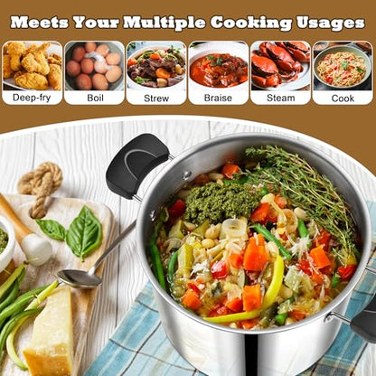 12 Quart 3-Ply Cooking Stock Pot with Lid, P&P CHEF Stainless Steel Large Pot for Pasta Soup, Work on Multi Stove, Heavy Duty & Dishwasher Safe, Dual Heat-resistant Handles & Transparent Glass Lid