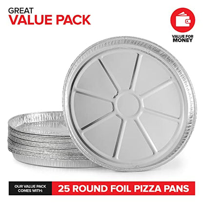 (25 Pack) 12 Inch Aluminum Pizza Pans Disposable Round Foil Focaccia Pan for Individual Personal Pizzas, Giant Size Chocolate Chip Cookie Cake Tin, Large Serving Trays, Platter Tray