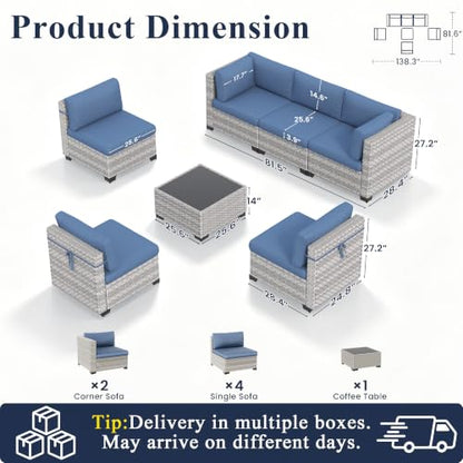 MAISON BACKYARDS 6-Seat Modular Patio Furniture Set – Outdoor Wicker Sectional Sofa with Thick 4″ Cushions, Dual-Strand PE Rattan, Rust-Resistant 18 mm Steel Frame, Backyard Garden Deck Lounge,Navy