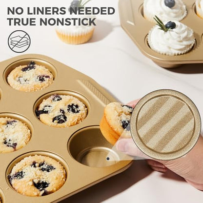 HONGBAKE 9-Piece Nonstick Bakeware Set, Wave Texture for Easy Release, 0.8mm Thick Non-Toxic Baking Pans Set, Includes Stackable Cookie Sheets, Antique Gold