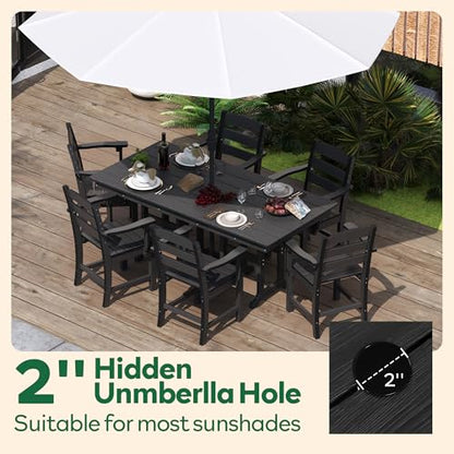 HOPUBUY 7 Pieces Patio Dining Set for 6, 71" HDPE All-Weather Patio Table and Chairs Set with Umbrella Hole, Durable Outdoor Furniture Set for Garden, Backyard, Lawn & Poolside (Black)