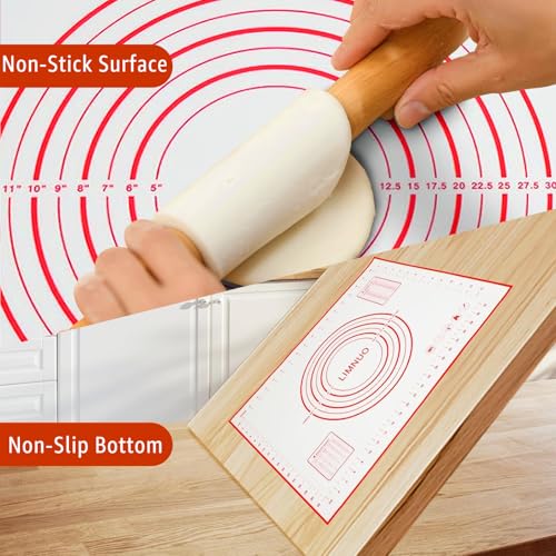 Silicone Baking Mat - 0.7mm New Upgraded Non-slip and Reusable Pastry Mat for Rolling Out Dough, Non Stick Silicone Mats with Measurements for Cookies, Macaroon, Bread, Pastry (Red)