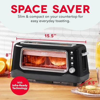 Dash Clear View Toaster | 10" Long Slot 2 Slice Toaster with See-Through Glass Window, 7 Browning Levels, Bagel, Defrost & Reheat Functions, Removable Glass Panel, Crumb Tray, Black