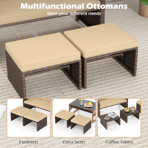 Tangkula Outdoor Loveseat with 2 Ottomans, 3 Pieces Patio PE Wicker Furniture Set with Cushions, Outside Rattan Conversation Set for Balcony, Garden and Backyard (Brown)