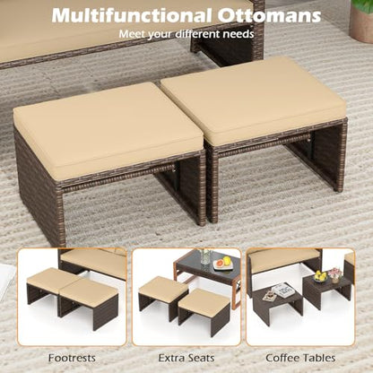 Tangkula Outdoor Loveseat with 2 Ottomans, 3 Pieces Patio PE Wicker Furniture Set with Cushions, Outside Rattan Conversation Set for Balcony, Garden and Backyard (Brown)