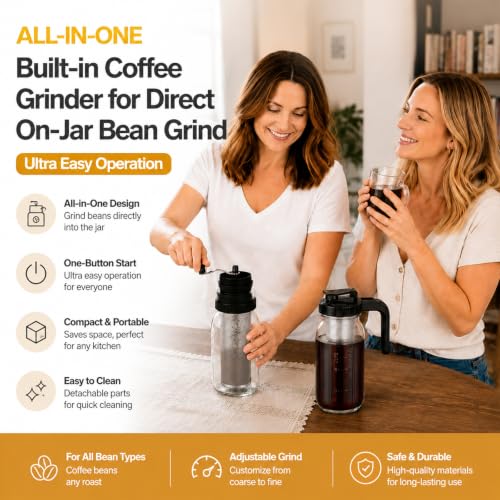 Palksky Cold Brew Coffee Maker, 64 Oz Mason Jar Glass Pitcher with Coffee Grinder Lids, Stainless Steel Filter, Pour Spout Handle, Homemade Iced Coffee Sun Tea Making Set for Home Daily Use