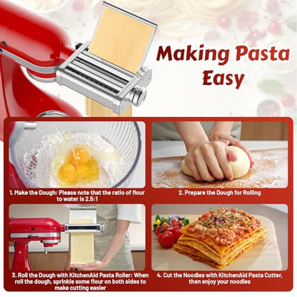 Pasta Attachment for KitchenAid Stand Mixer, 3-in-1 Stainless Steel Pasta Maker with Pasta Roller, Spaghetti & Fettuccine Cutter for Homemade Fresh Pasta By InnoMoon