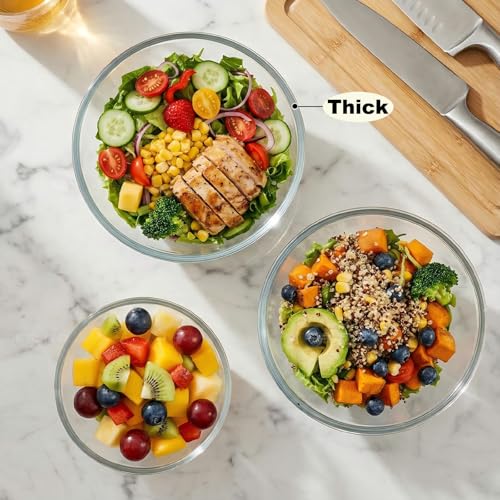 BECFISH Borosilicate Glass Mixing Bowls, Set of 3 (2.8, 2.2, 1.1QT) - Heavy-Duty, Scratch Resistant & Lead-Free. Oven, Microwave, Dishwasher & Freezer Safe. Ideal for Meal Prep, Baking, Serving.