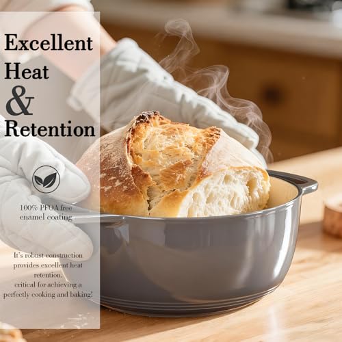 Enameled Cast Iron Dutch Oven - Umite Chef 6QT Pot with Lid & Cotton Potholders - Dual Handles -Versatile Heavy Duty Cookware for Bread Baking，Braising, Stews, Roasting（Grey）