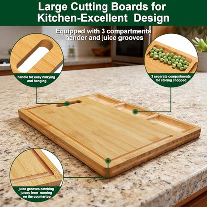 Bamboo Cutting Board with 3 Compartments: 17" Large Double-Sided Chopping Board with Juice Groove, Mess-Free Meal Prep for Meat, Vegetables & Fruits
