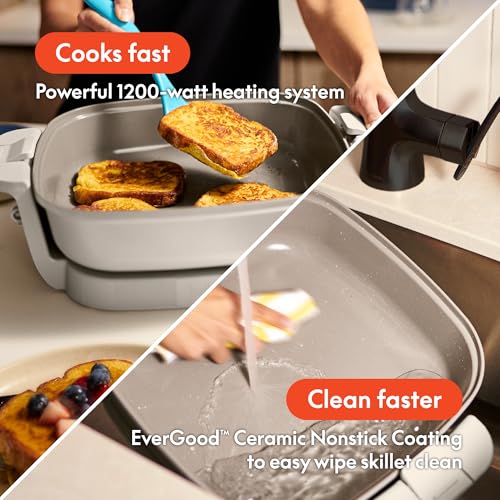 bella Make & Take Electric Skillet, Fits-anywhere™ kitchenware, EverGood™ Ceramic Coating, Adjustable Temperature & Dishwasher-Safe Tempered Glass Lid, Cast Aluminum Base, 1200 Watt, Oatmilk