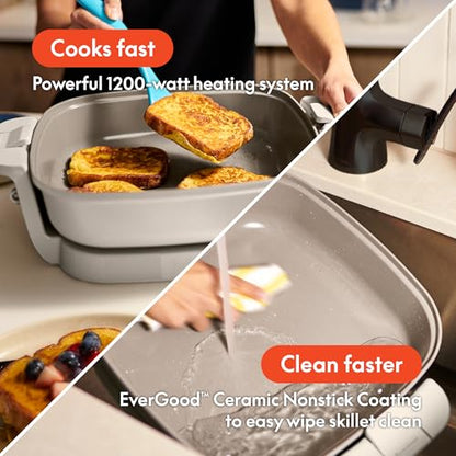bella Make & Take Electric Skillet, Fits-anywhere™ kitchenware, EverGood™ Ceramic Coating, Adjustable Temperature & Dishwasher-Safe Tempered Glass Lid, Cast Aluminum Base, 1200 Watt, Oatmilk