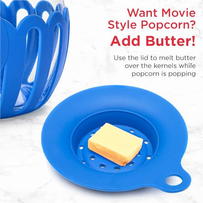 Ecolution Patented Micro-Pop Microwave Popcorn Popper with Temperature Safe Glass, 3-in-1 Lid Measures Kernels and Melts Butter, Made Without BPA, Dishwasher Safe, 3-Quart, Blue