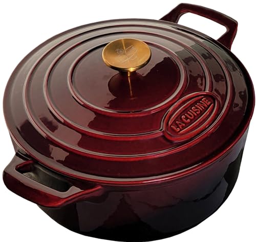 La Cuisine Enameled Cast Iron Dutch Oven Casserole Dish Pot with Lid, 5 QT 10.3“ /26cm Dia. Internal Matt Black Enamel Coating Gold-Plated SS Lid Handle Oven Safe up to 500° F, Cranberry