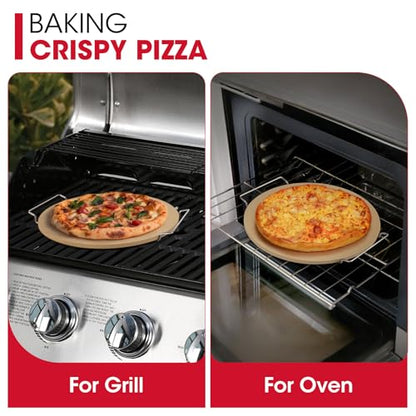 Unicook 12 Inch Round Pizza Stone for Oven and Grill, Cordierite Bread Baking Stone, Baking Crispy Pizzas, Bread and Cookies, Includes Carry Rack and Dough Scraper