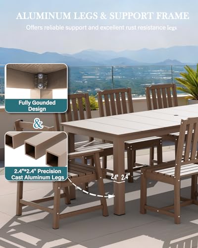 LOUNZY 9 Pieces Patio Dining Sets, Outdoor HDPE Furniture Set for 8 w/ 2" Hole Cut-Out Dining Table with 8 Patio Chairs(2 W/Armrest, 6 w/o Armrest), Brown