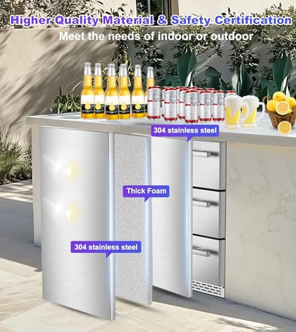 RLPI 3 Drawer Outdoor Beverage Refrigerator Undercounter, Hold 180 Cans 24 inch Weather Proof Stainless Steel Beverage Fridge, Built-in & Freestanding Beverage Cooler Fridge for Soda, Beer, Fruit