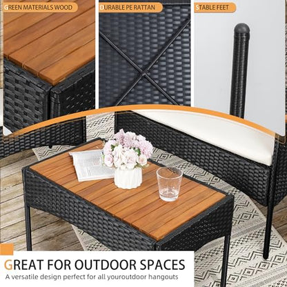 Shintenchi 4-Piece Patio Furniture Set, Outdoor Wicker Patio Conversation Furniture Set with Cushions and Wooden Tabletop for Paito Lawn Backyard Pool Garden, Black Rattan