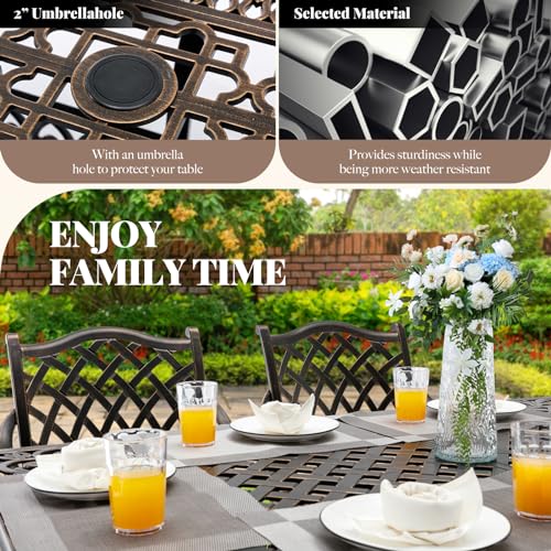 Ailismail 𝟗 𝐏𝐢𝐞𝐜𝐞 Outdoor Dining Set Cast Aluminum Furniture Set, Retro Patio Dining Set for 8 Includes 86.6’’ Table & 6 Swivel Chairs with Cushion and Umbrella Hole for Patio Deck Poolside